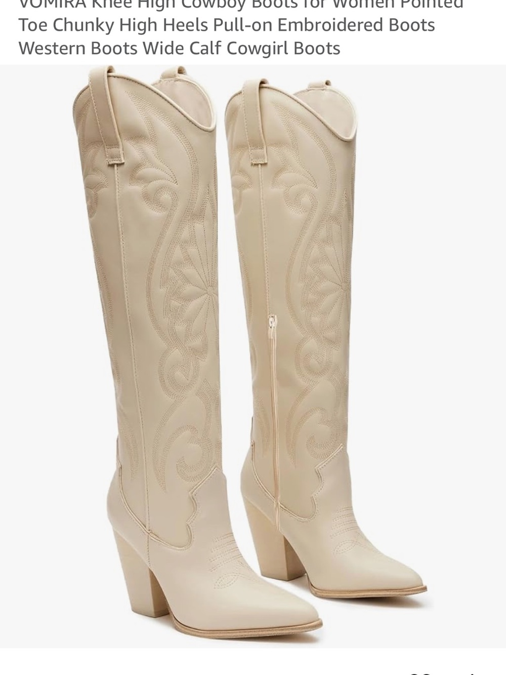 Knee-High Cream Pointed-Toe Western Over-the-Knee Boots